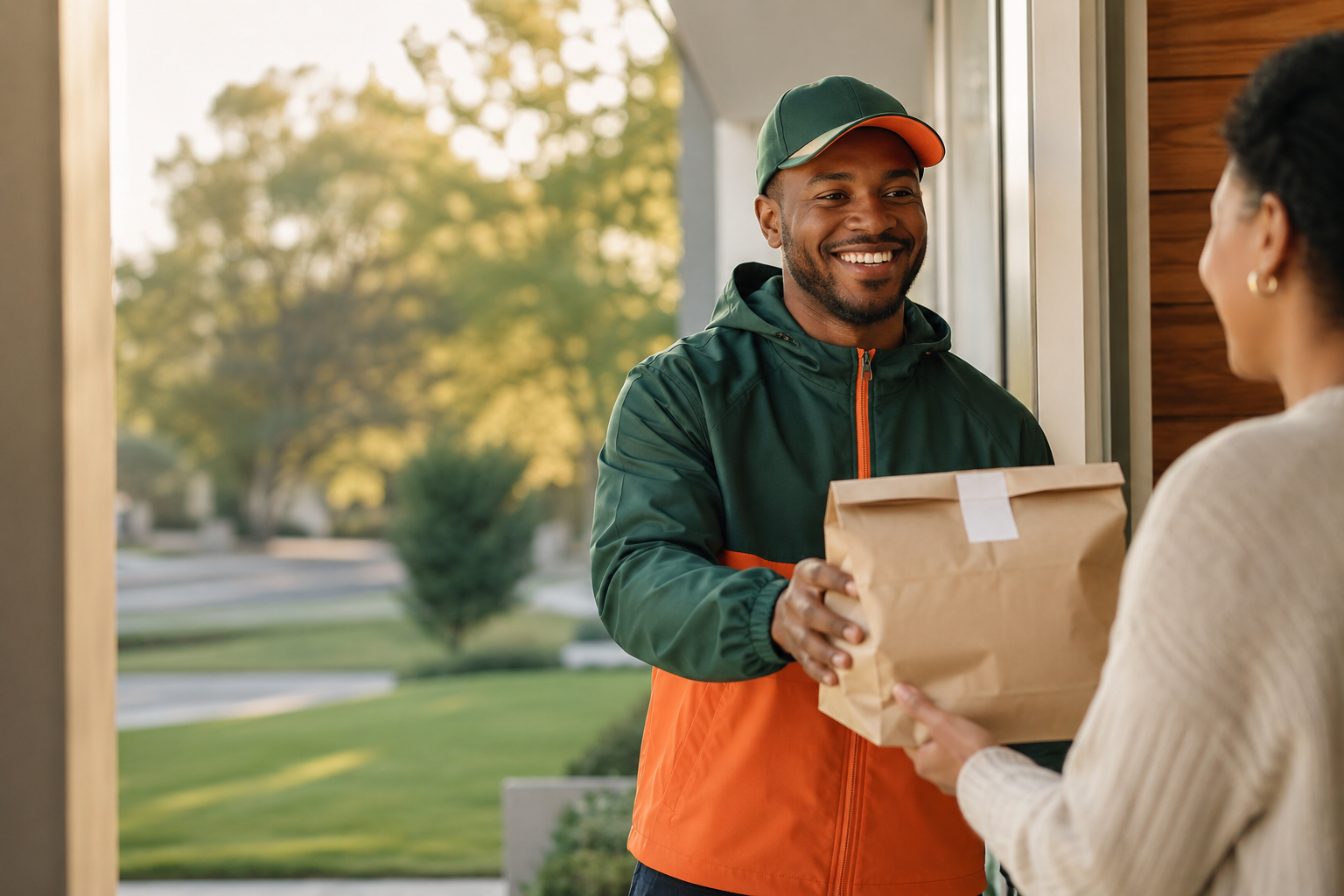 Athedoor delivery driver handing a package to a customer